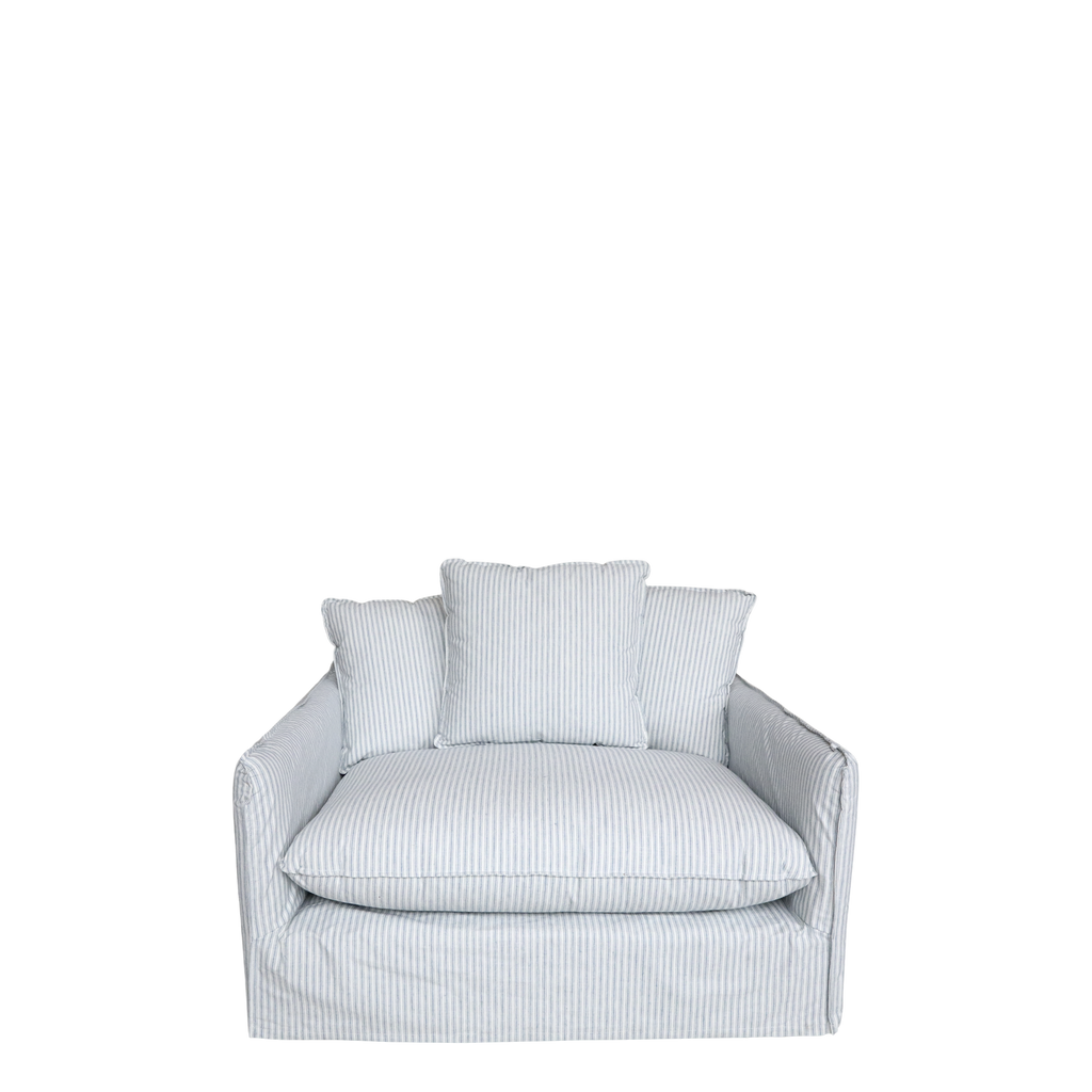 Linneklädd 1-sits fåtölj Malo Ljusblå Creme Randig - Chic Antique